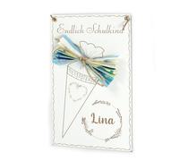 DEKOLANDO School Gift Personalised - Money Gift for First Day at School with Name - School Cone Bow Wooden Card 10 x 15 cm - Engraving Finally School Child Gift Idea Girls & Boys