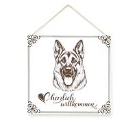 Dekolando Welcome Sign Dog German Shepherd - Door Sign Herzlich Willkommen Hundekopf Hunderasse - Decorative Sign Dog Sign Front Door Decoration with Dog Motif 15 x 15 cm