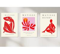 Dekomundo Modern Posters Set of 3 Stylish Wall Pictures Combination Colour-Coordinated Wall Decoration for Living Room & Office Without Frame, Matisse Red, 40 x 60 cm