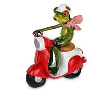 DekoNo7 Frog on Red Vespa 16 cm Made of Artificial Stone, Hand Painted and Finished with Shiny Surface