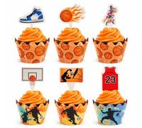 Dekora, Basketball Cupcake Liners with Double-Sided Paper Topper Decorations, Basketball Cupcake Toppers for Boys and Girls, 12-Piece Birthday Party Decoration Set, 6 Liners, 6 Toppers