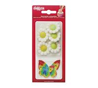 Dekora - Box of 5 White Sugar Flowers and 4 Multicoloured Wafer Butterflies - Edible Cake Toppers - Sugar Cake Decoration for Birthday Cakes