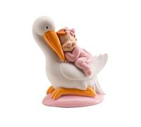 dekora - Christening Decoration Baby Girl with Pink Sleeping Stork, 10 cm, Multicoloured, Cake Topper for Christening & Baby Shower