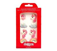 Dekora - Edible Sugar Cake Or Cupcake Decoration - Pack Of 8 Edible Figures Including Unicorn, Hearts & Rainbows - Suitable For Vegetarians