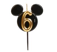 dekora - Mickey Mouse Birthday Candle Decorations - Fragrance-Free Paraffin Wax Disney Candles - Black and Gold Candles with Mickey Mouse Ears - Size 8.5 cm - Number 6
