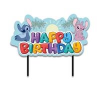 dekora, Stitch & Angel Happy Birthday Cake Topper, Disney Theme Party Decorations, Paper and Plastic Silhouette Topping for Cakes and Cupcakes, Food Contact Safe, Kids Birthday Decor 17.5 x 13 CM