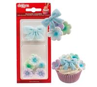 dekora - Sugar Flowers for Cakes, Edible Cake Decorations with 7 Flowers and 2 Blue Bows, Ready to Use Cupcake Decorations for Baby Shower, Gender Reveal and Birthday Cakes