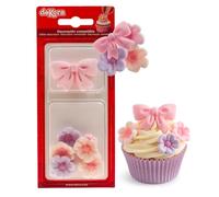 dekora - Sugar Flowers for Cakes, Edible Cake Decorations with 7 Flowers and 2 Pink Bows, Ready to Use Cupcake Decorations for Baby Shower, Gender Reveal and Birthday Cakes