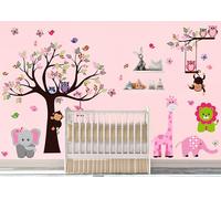 DEKOSH Kids Pink Jungle Theme Peel & Stick Girl Nursery Wall Decal, Colorful Owl Giraffe Lion Tree Decorative Sticker for Baby Bedroom, Playroom Mural