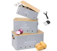 Dekosilave Kitchen Vegetable Storage Set of 3, Metal Onion Garlic Potato Storage Set, Kitchen Canisters Vegetable Keeper Containers with Aerating Holes and Wooden Lid (Grey)