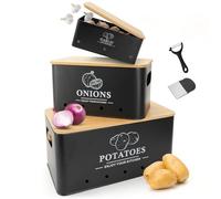 Dekosilave Kitchen Vegetable Storage Set of 3, Metal Onion Garlic Potato Storage Set, Kitchen Canisters Vegetable Keeper Containers with Aerating Holes and Wooden Lid (Black)