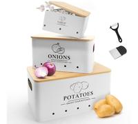 Dekosilave Kitchen Vegetable Storage Set of 3, Metal Onion Garlic Potato Storage Set, Kitchen Canisters Vegetable Keeper Containers with Aerating Holes and Wooden Lid (White)