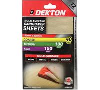 Dekton 12PC Multi-Purpose Sanding Sheets, 230mm, 4 Each - 40 Grit/Course, 100 Grit/Medium, 150 Grit/Fine | Multi-Surface Use on Wood, Metal, Plaster, Plastics & Paint | Heavy-Duty Sanding Performance
