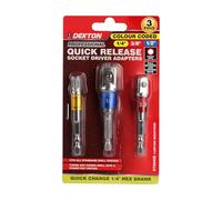 Dekton 3pc 1/4", 3/8" & 1/2" Socket Adaptor Set - Fits All Standard Drill Chucks|Hexagonal Shank| Fits Screwdriver Bit Holder| Turns Any Power Drill Into A Power Nut Driver| Durable