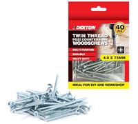 DEKTON 40pc 4.0 x 75mm Twin Thread Pozi Countersunk Wood Screws - Bright Zinc Plated, Durable & High-Performance - Ideal for DIY, Woodworking & Construction