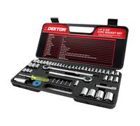 Dekton 52-Piece Drive Socket Set | Includes Ratchet Handle, Extension Bar, Adaptor, Spin Disc and Metric Sockets | Features Spark Plug & Spline Sockets with | Ideal for Versatile Applications