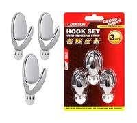 DEKTON Geckogrip Hook Set 3pc Chrome-Heavy-Duty Wall Hook| Strong Adhesive Grip| Holds Upto 10kg| Ideal for Kitchen, Bathroom, Office| Reusable & Residue-Free| Sleek Chrome Finish| Versatile Storage