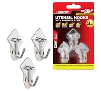 Dekton Geckogrip Utensil Hooks 3pc Chrome - Strong Adhesive Wall Hooks, Rental Safe, Holds up to 500g, Easy to Apply & Remove - Ideal for Kitchen Utensils & Household Storage