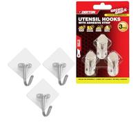 Dekton Geckogrip Utensil Hooks 3pc Chrome - Strong Adhesive Wall Hooks, Rental Safe, Holds up to 500g, Easy to Apply & Remove - Ideal for Kitchen Utensils & Household Storage
