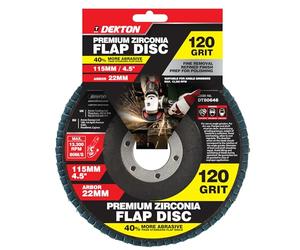 Dekton Premium Zirconia Flap Disc 120 Grit - 115mm / 4.5", 22mm Arbor, Fine Removal & Surface Preparation for Polishing on Metal, Wood, Plastic & Stainless Steel, Max 13,300 RPM