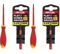 DEKTON Slotted VDE Screwdriver SL 0.5x3.0x75mm - VDE Certified to EN IEC 60900:2018 | Tested to 1000V | Chrome Vanadium Shaft with Corrosion-Resistant Tip | Ergonomic Dual-Colour Handle (Pack of 2)