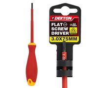 DEKTON Slotted VDE Screwdriver SL 0.5x3.0x75mm - VDE Certified to EN IEC 60900:2018 | Tested to 1000V | Chrome Vanadium Shaft with Corrosion-Resistant Tip | Ergonomic Dual-Colour Handle