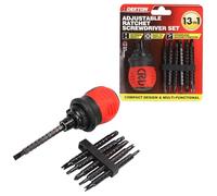 DEKTON VDE Stubby Adjustable Ratchet Screwdriver Set - 3-Stage Ratchet, Short Handle, 6 Double-Head Bits, Easy Length Adjustment, Compact Design for Tight Spaces & DIY Projects