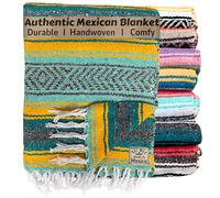 Del Mex Classic Mexican Blanket, Large Authentic Woven Falsa Throw (70"x50"), Artisan Southwest Décor for Beach, Yoga, Outdoors (Teal/Yellow)
