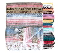 Del Mex Classic Mexican Blanket, Large Authentic Woven Falsa Throw (70"x50"), Artisan Southwest Décor for Beach, Yoga, Outdoors (Light Pink/Blue)
