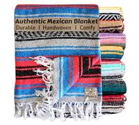 Del Mex Classic Mexican Blanket, Large Authentic Woven Falsa Throw (70"x50"), Artisan Southwest Décor for Beach, Yoga, Outdoors (Salmon/Blue)