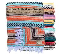 Del Mex Classic Mexican Blanket, Large Authentic Woven Falsa Throw (70"x50"), Artisan Southwest Décor for Beach, Yoga, Outdoors (Mint/Tan/Orange)