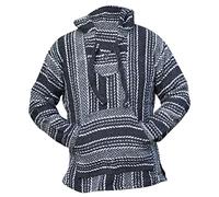 Del Mex Deluxe Mexican Baja Hoodie Sweatshirt Pullover Jerga Surf Poncho Drug Rug, Black/White, Large