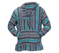 Del Mex Deluxe Mexican Baja Hoodie Sweatshirt Pullover Jerga Surf Poncho Drug Rug, Teal, S