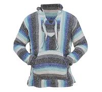Del Mex Deluxe Mexican Baja Hoodie Sweatshirt Pullover Jerga Surf Poncho Drug Rug, White/Blue/Gray, Large