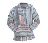 Del Mex Deluxe Mexican Baja Hoodie Sweatshirt Pullover Jerga Surf Poncho Drug Rug, White/Rust/Blue, XL