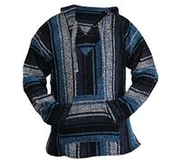 Del Mex Mexican Baja Hoodie Hippie Surf Poncho Sweater Sweatshirt Pullover Jerga - blue - Large