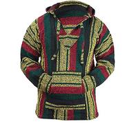 Del Mex Mexican Baja Hoodie Hippie Surf Poncho Sweater Sweatshirt Pullover Jerga, Rasta Stripe, Large