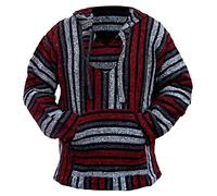 Del Mex Mexican Baja Hoodie Hippie Surf Poncho Sweater Sweatshirt Pullover Jerga, Red, Large