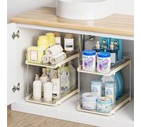 Delamu 2 Pack 2-Tier Under Sink Storage Bathroom, Multi-Purpose Cupboard Organiser, Stackable Kitchen Storage and Organisation, Pull Out Medicine Cabinet Organiser with 8 Movable Dividers, Beige