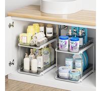 Delamu 2 Pack 2-Tier Under Sink Storage Bathroom, Multi-Purpose Cupboard Organiser, Stackable Kitchen Storage and Organisation, Pull Out Medicine Cabinet Organiser with 8 Movable Dividers, Grey