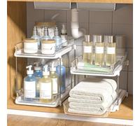 Delamu 2 Pack 2-Tier Under Sink Storage Bathroom, Multi-Purpose Cupboard Organiser, Stackable Kitchen Storage and Organisation, Pull Out Medicine Cabinet Organiser with 8 Movable Dividers, White