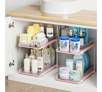 Delamu 2 Pack 2-Tier Under Sink Storage Bathroom, Multi-Purpose Cupboard Organiser, Stackable Kitchen Storage and Organisation, Pull Out Medicine Cabinet Organiser with 8 Movable Dividers, Pink