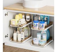 Delamu 2 Pack 2-Tier Under Sink Storage Bathroom, Multi-Purpose Cupboard Organiser, Stackable Kitchen Storage and Organisation, Pull Out Medicine Cabinet Organiser with 8 Movable Dividers, Amber