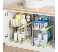 Delamu 2 Pack 2-Tier Under Sink Storage Bathroom, Multi-Purpose Cupboard Organiser, Stackable Kitchen Storage and Organisation, Pull Out Medicine Cabinet Organiser with 8 Movable Dividers, Green