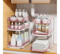 Delamu 2 Pack 3-Tier Bathroom Under Sink Organisers and Storage, Multi-Purpose Stackable Pantry Organisation and Storage, Pull Out Clear Kitchen Bathroom Cabinet Organiser with Movable Dividers, Pink
