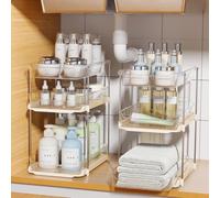 Delamu 2 Pack 3-Tier Bathroom Under Sink Organisers and Storage, Multi-Purpose Stackable Pantry Organisation and Storage, Pull Out Clear Kitchen Bathroom Cabinet Organiser with Movable Dividers, Beige