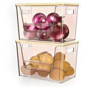 Delamu 2 Pack Fruit ＆ Vegetable Storage Basket, Kitchen Plastic Storage Baskets, Stackable Storage Bins with Bamboo Top for Potato and Onion Storage, 11.3" D x 6.9" W x 7.3" H, Amber
