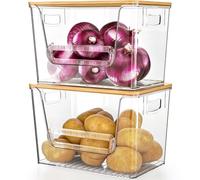 Delamu 2 Pack Fruit ＆ Vegetable Storage Basket, Kitchen Plastic Storage Baskets, Stackable Storage Bins with Bamboo Top for Potato and Onion Storage, 11.3" D x 6.9" W x 7.3" H, Clear