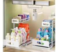 Delamu 2 Pack Metal Under Sink Storage, 2 Tier Pull Out Under Sink Organiser for Kitchen Bathroom, Adjustable Under Sink Shelf for Multipurpose Cupboard Organiser, Kitchen Storage & Organisation,White