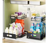 Delamu 2 Pack Metal Under Sink Storage Bathroom, 2 Tier Pull Out Under Sink Organiser with 2 Small Baskets, Adjustable Under Sink Shelf for Cupboard Organiser, Kitchen Storage & Organisation, Black